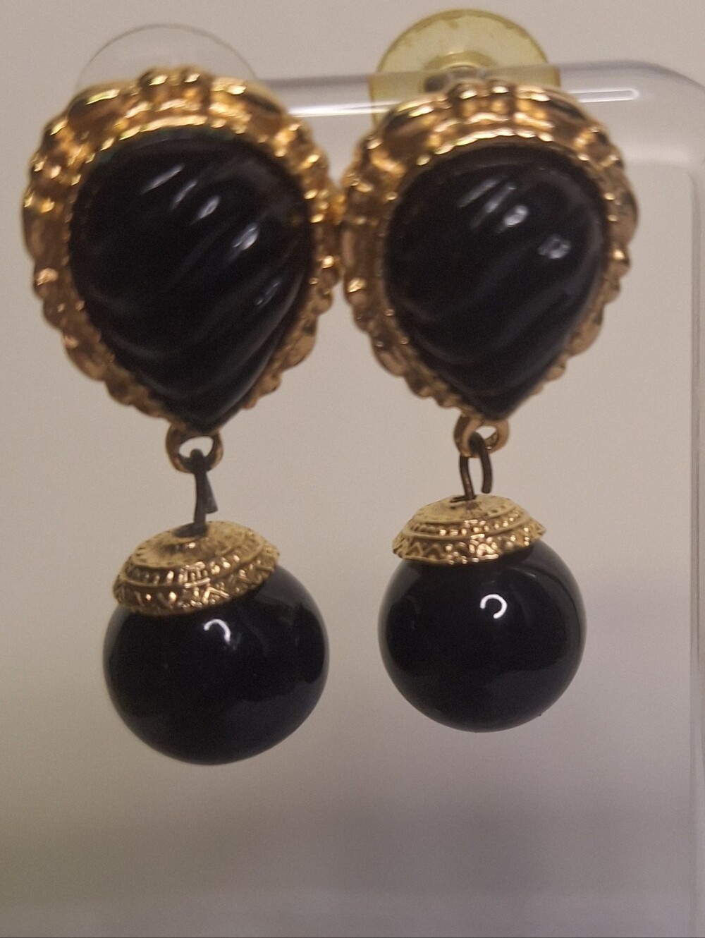 Gold-Tone Black Drop Earrings with Beaded Accent